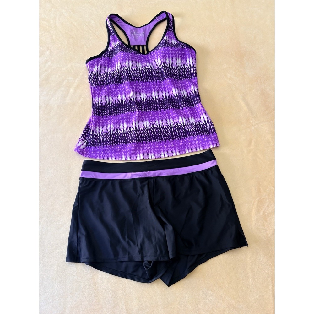 Gerry Women's Black Purple 2 Pc Tankini & Skirt Swim Suit Size L